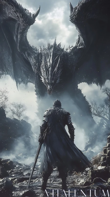 Solitary armored figure confronting large winged dragon form.
