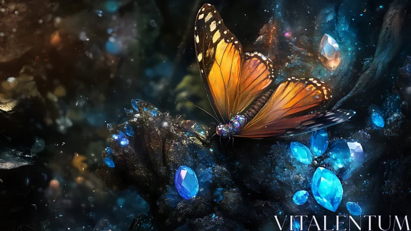 Gem-lit monarch butterfly dreaming in a midnight crystal grove.