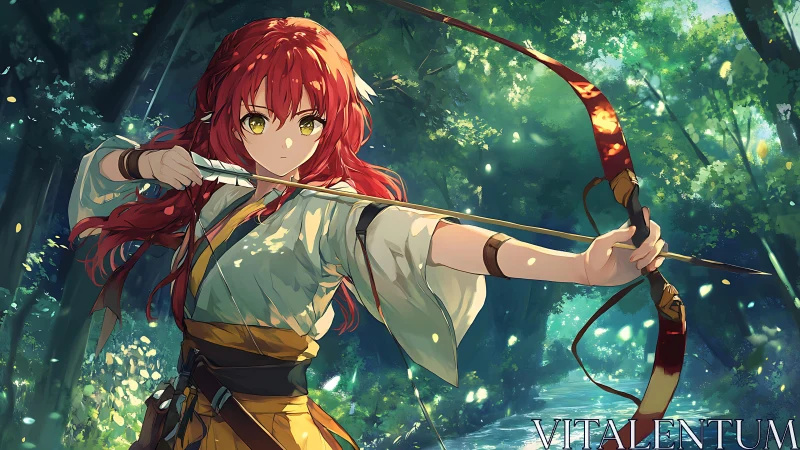 Red haired anime archer draws bow in forest scene.