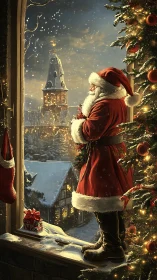 Nocturnal Santa profile at snowy village window vantage point.