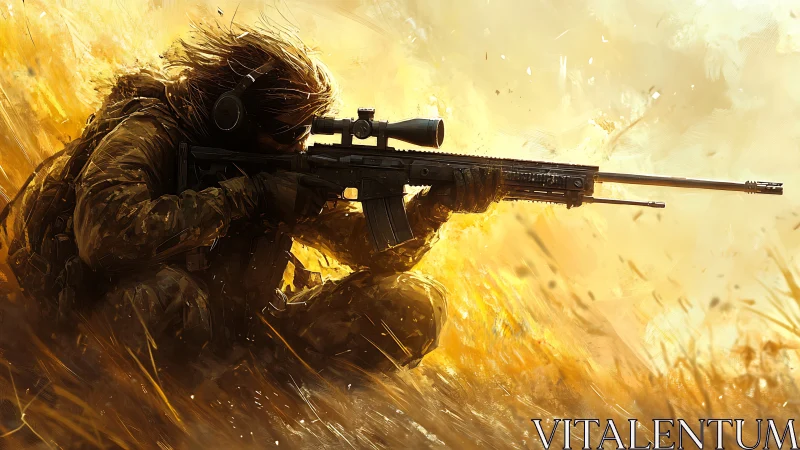 Sniper's Golden Hour: Tactical Sharpshooter in Dusty Combat