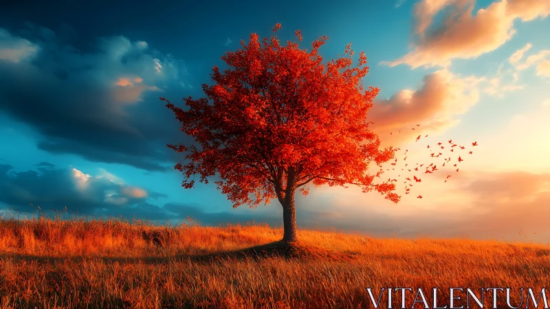 Solitary autumn tree rendered in high-contrast digital light