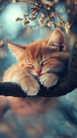 Ginger cat resting on branch with dried seed pods overhead.