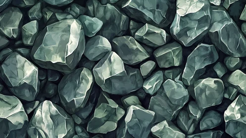 Clustered angular stones in desaturated green palette.