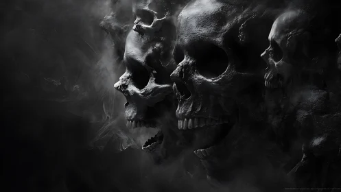 Volumetric lighting sculpts chained skulls in drifting smoke
