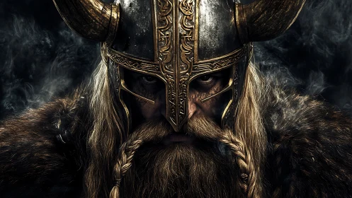 Cinematic close-up captures horned Viking warrior in ornate helm