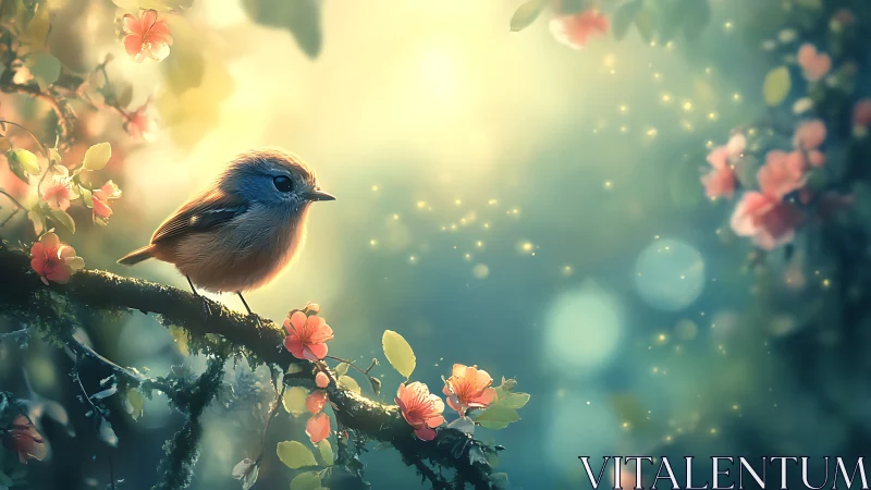 Dreamy Songbird on Blossom Branch in Soft Pastel Fantasy Style.
