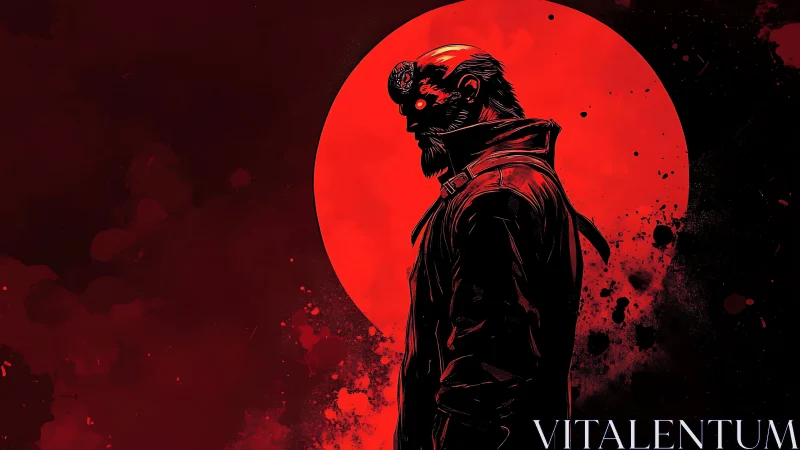 Crimson moon sentinel stalks the shadows in stark profile.