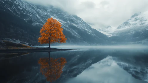 Solitary orange tree mirrored on misty alpine lake.