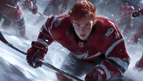 Fierce young hockey player charges ahead through flying ice