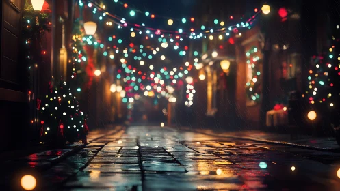 Rain-soaked festive alleyway with defocused holiday lights.