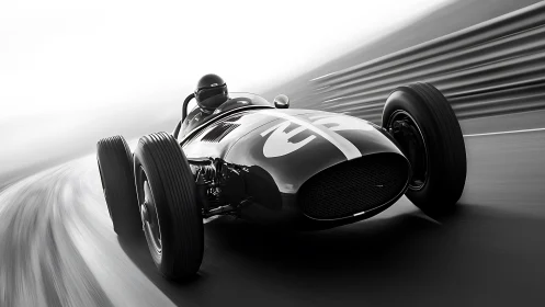 Vintage race car charging through a bright blurred racetrack.