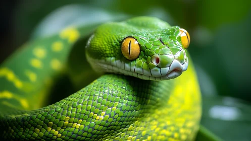 Macro study of green tree python coils in sharp focus detail.