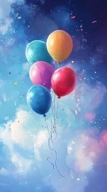 Colorful Balloons Rising Through Dreamlike Sky.