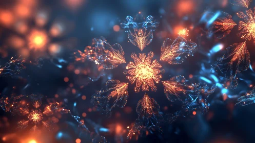 Fractal snowflake clusters in bioluminescent bokeh field.