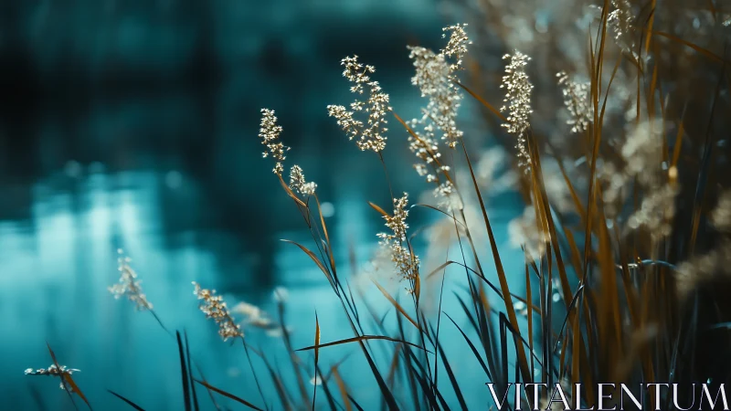 Sunlit reeds glow softly beside a tranquil blue pond.