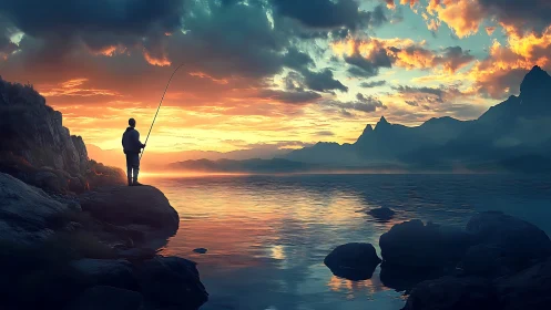 Solitary fisherman on rocky shore at vivid sunset lake.