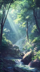 Forest stream with cascading water and cathedral light filtering.