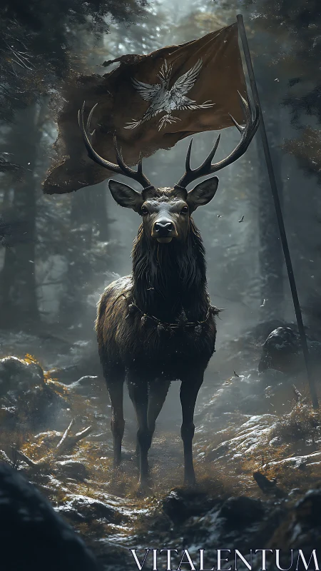 Noble stag guardian standing proud beneath a worn forest flag.