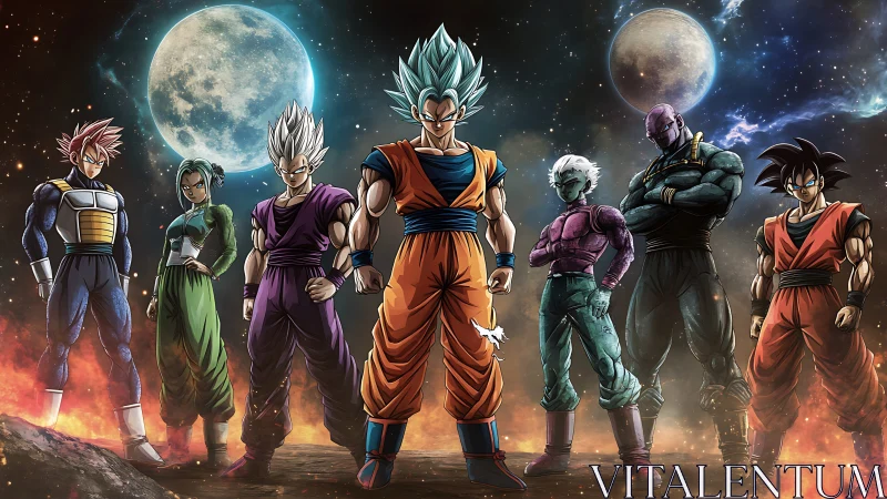 Anime warriors standing under twin moons in space.