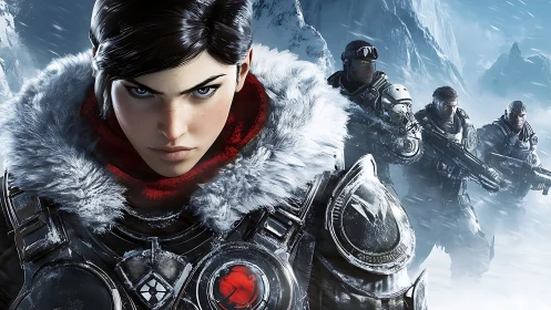 Armored squad advancing through icy battlefield environment