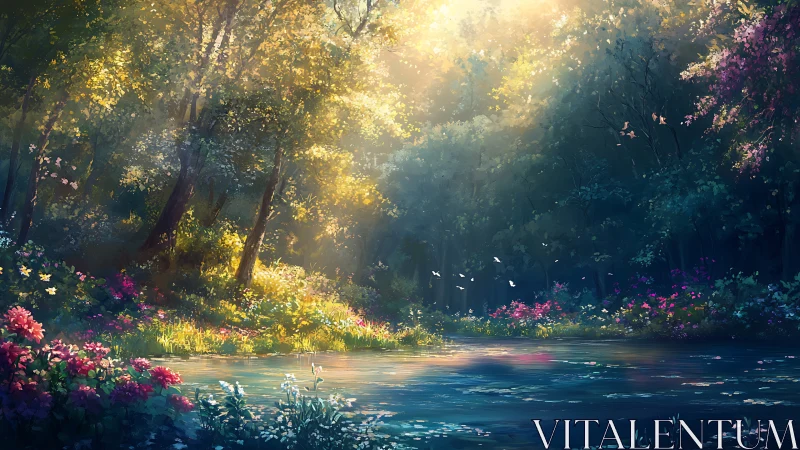 Forest landscape with river and flowering vegetation under luminous canopy