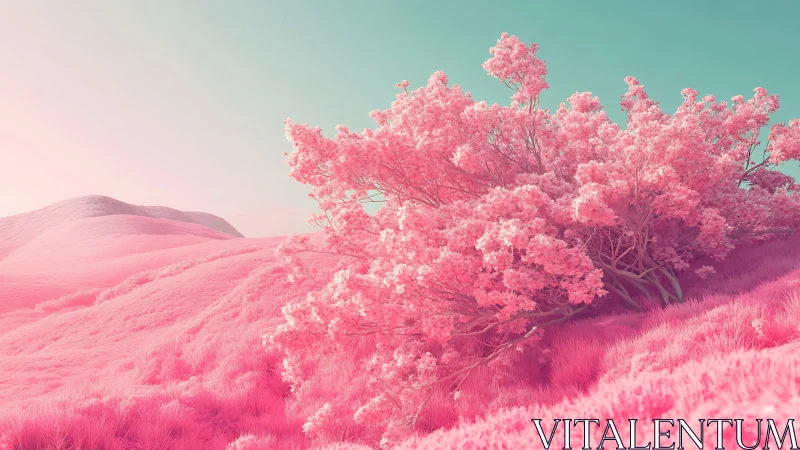 Dreamy pink hillside blossoming under soft pastel skies.