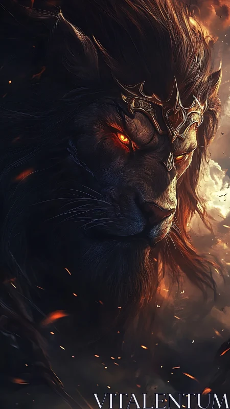 Infernal crowned lion rendered in high-fidelity digital chiaroscuro.