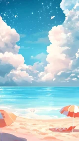 Cloud castles float above a pastel shore of sleepy umbrellas