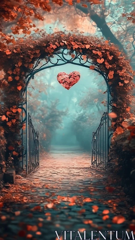 Ornamental Iron Archway with Red Heart-Shaped Floral Cluster