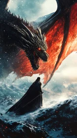 Armored warrior confronts fire-winged dragon in frozen pass