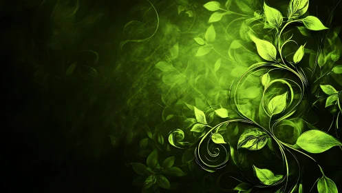 High-contrast luminous vine swirls over dark radial green gradient