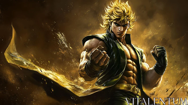 Muscular blond anime fighter posed against golden storm.
