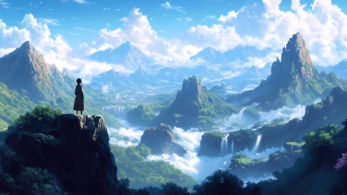 Solitary dreamer surveying mist crowned valley kingdoms.