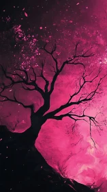 Radiant cherry blossom tree glows softly in dreamy pink night