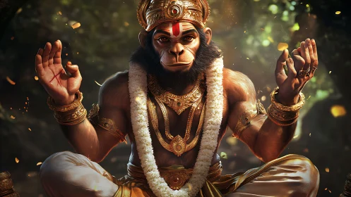Digital rendering depicts seated simian deity in ornate attire
