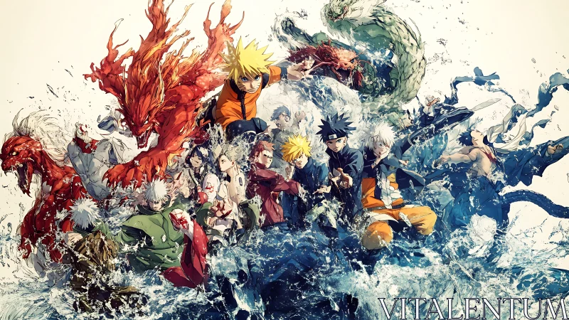 Elemental ninja clash amid roaring water and swirling beasts.
