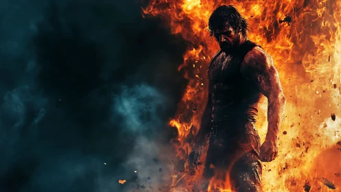 Solitary male figure standing amid dense surrounding flames.