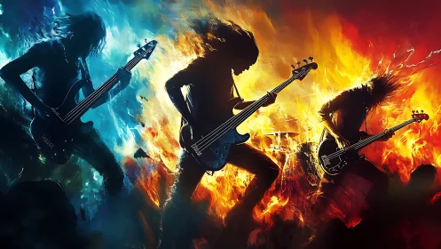 Electric rock trio blazing through swirling fire and ice.