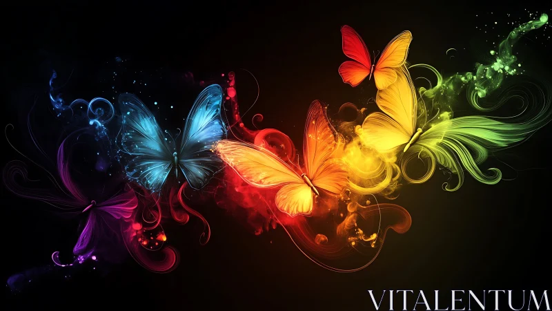 Vibrant neon butterflies form luminous rainbow energy trail