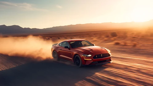 Sunlit red sports car racing free across the open desert.
