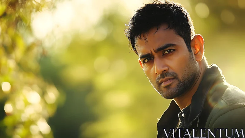 Intense male portrait under golden outdoor backlight glow.