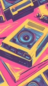 Neon retro cassette decks rendered in bold vector pop minimalism