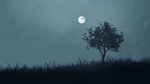 Solitary tree silhouette under full moon in blue haze.