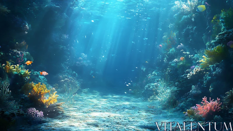 Underwater coral reef scene shows filtered light on seabed