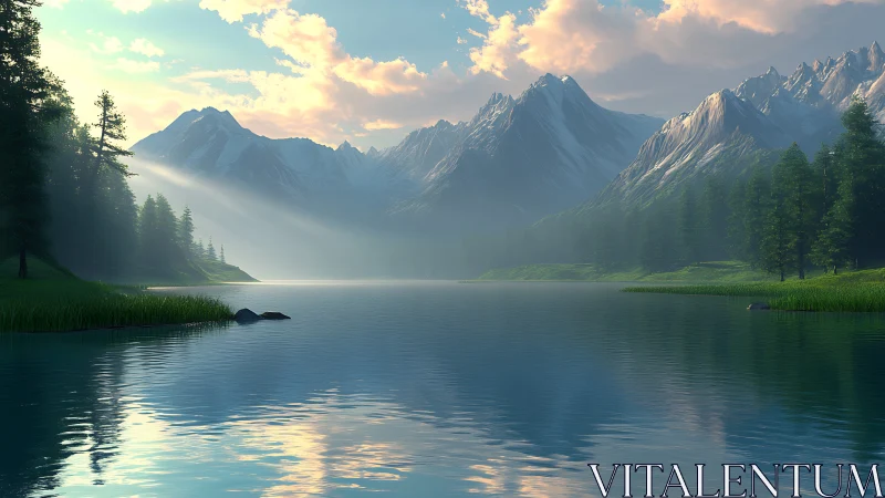 Mountain lake scene shows conifer forest and distant peaks