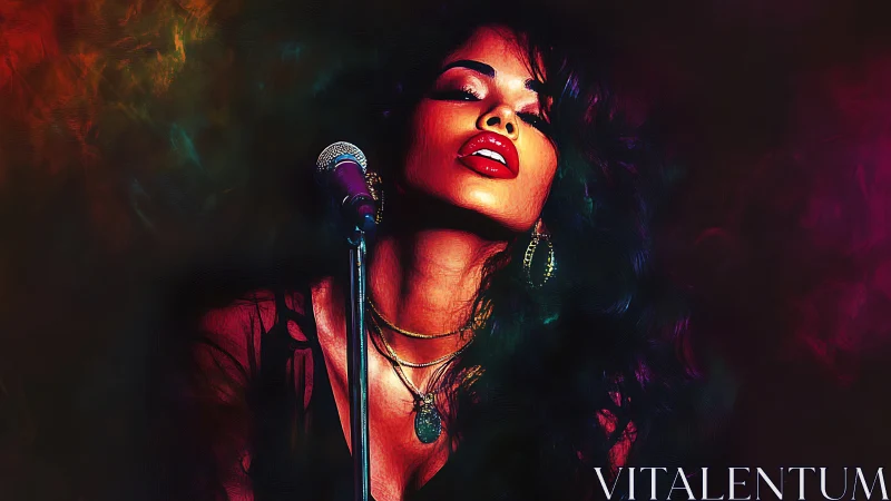 Sultry jazz singer glows against a smoky neon stage haze