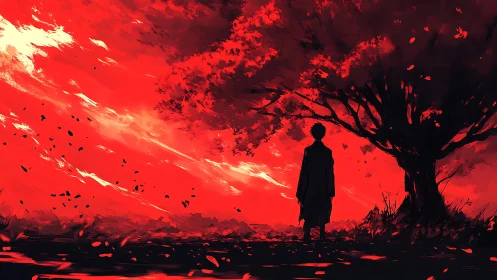 Silhouetted figure stands beneath dense tree in red landscape