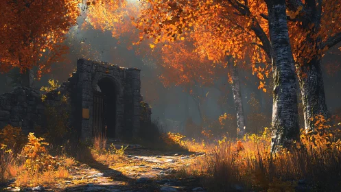Autumnal Archway: Tonally Orchestrated Foliage and Monumental Masonry.