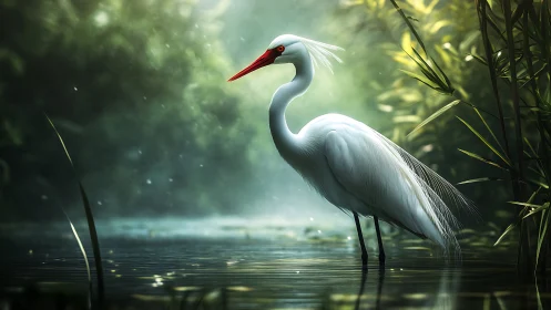 White egret with red beak stands in shallow reflective water